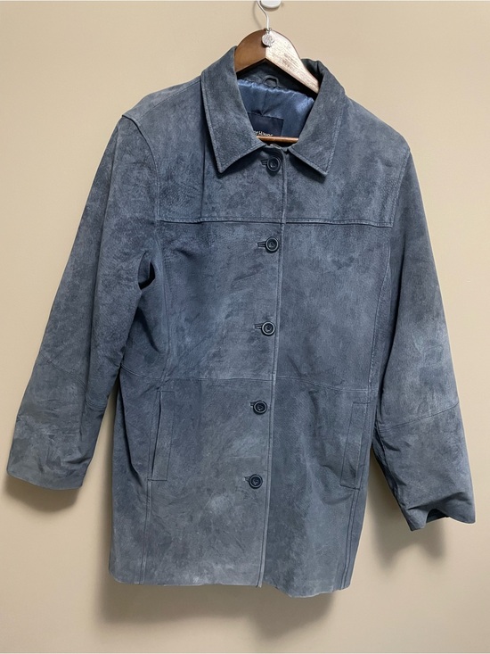 Denver Hayes Jackets & Blazers - Denver Hayes Slate Blue Leather Suede Button-Up Trench Coat Women’s Large